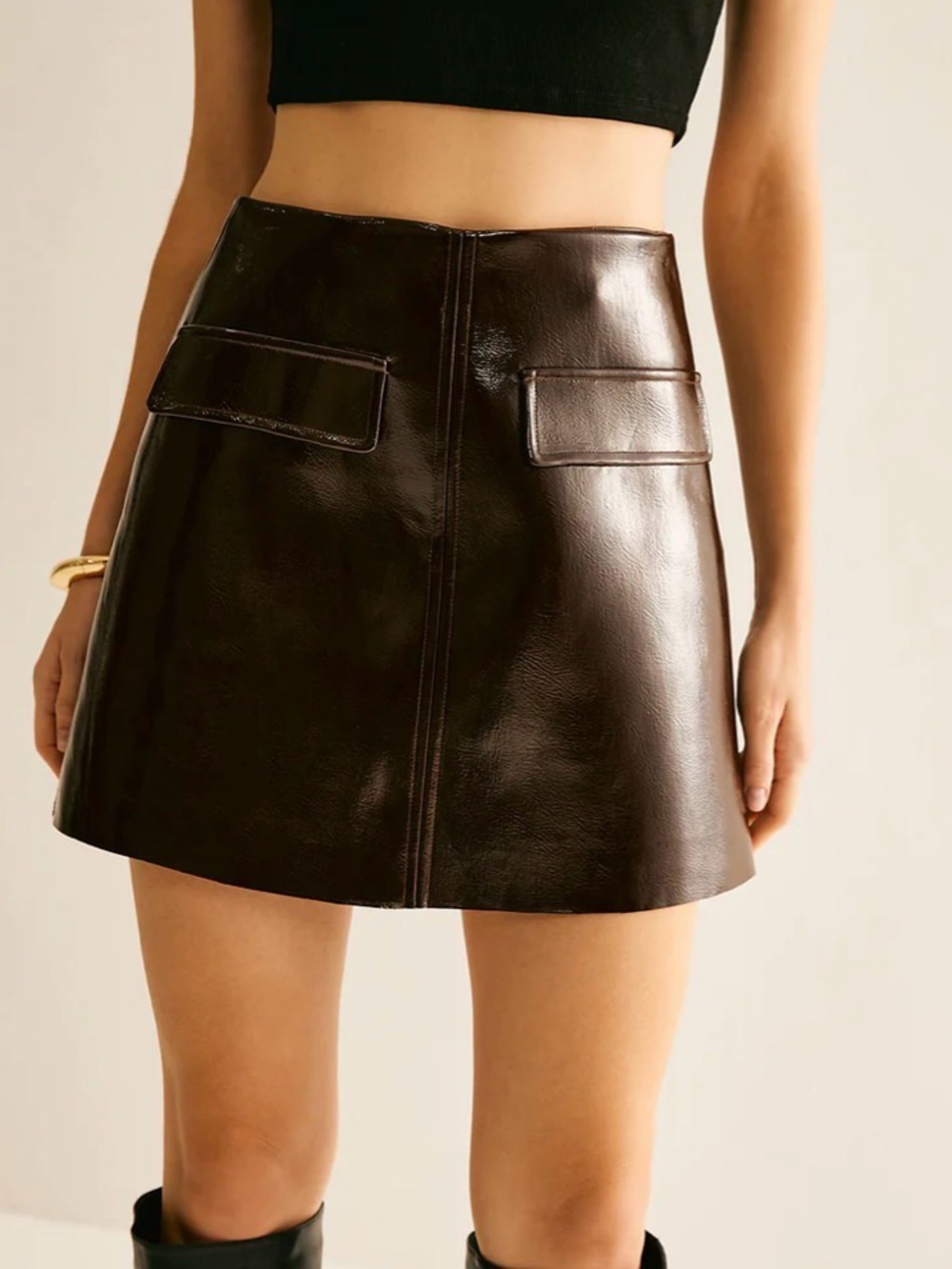 NWT Commense Shiny Chocolate Brown Faux Leather Mini Skirt